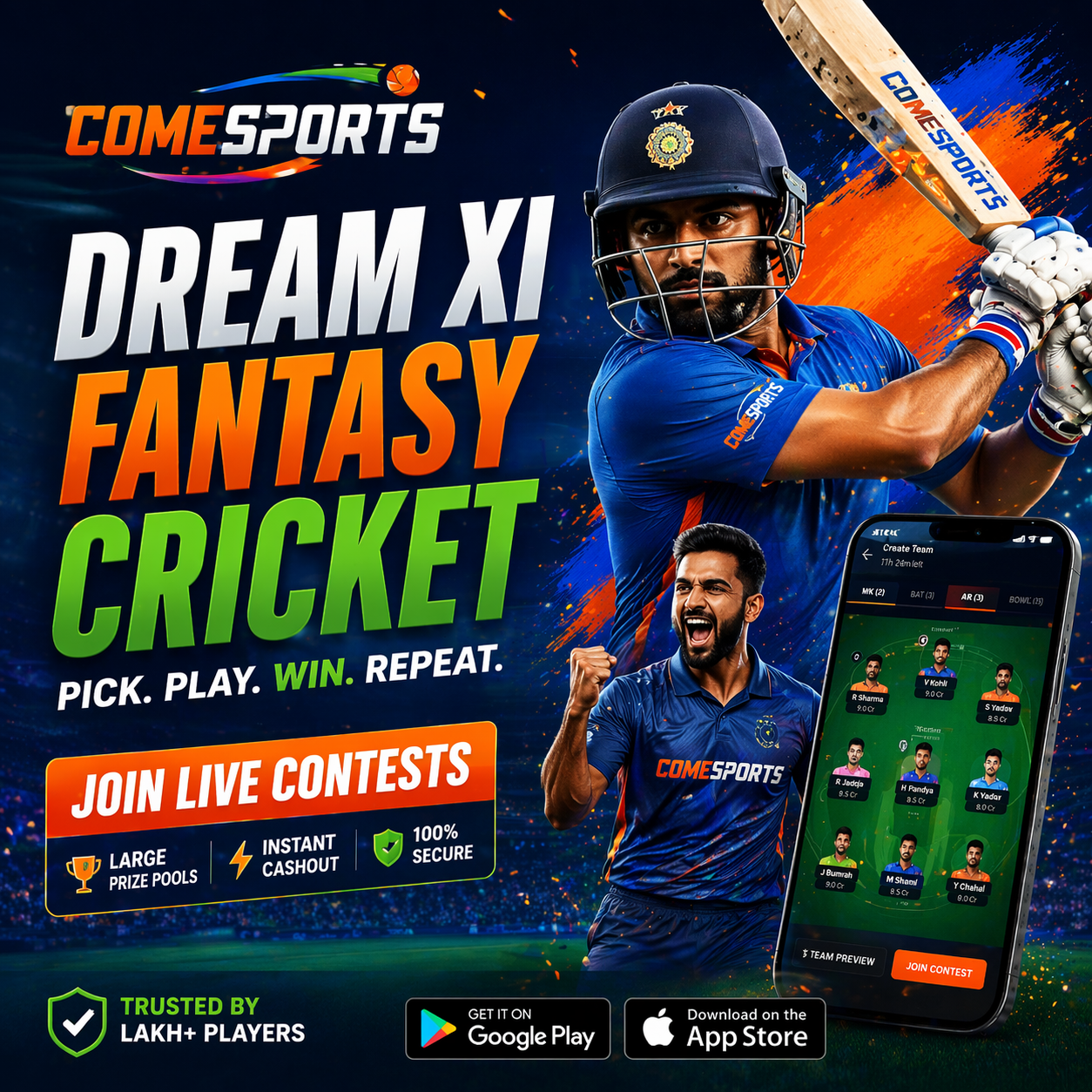 Come Cricket Team fantasy sports main visual